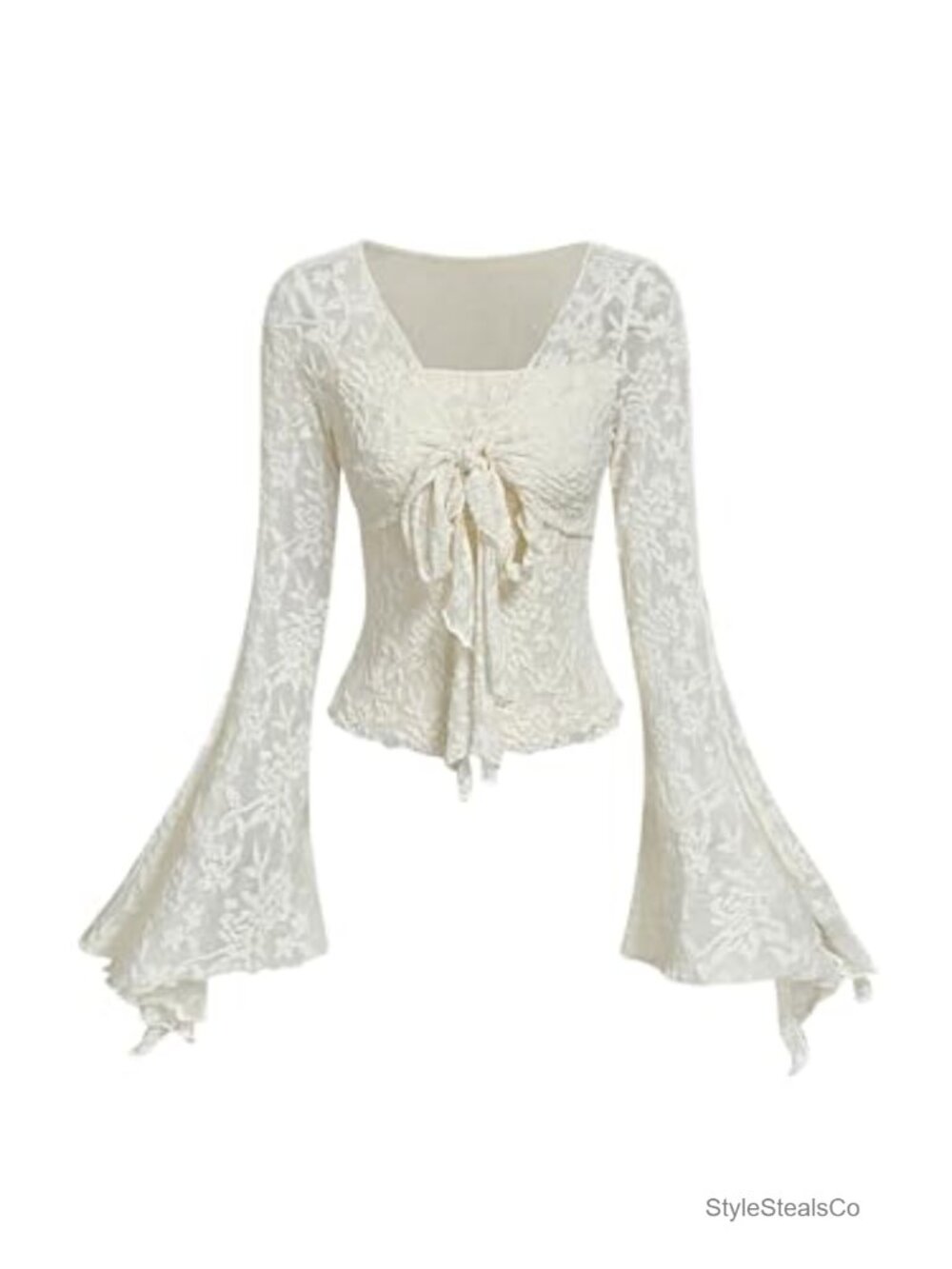 Lace Bell Sleeve Tie Front Peasant Top Long Sleeve V-Neck